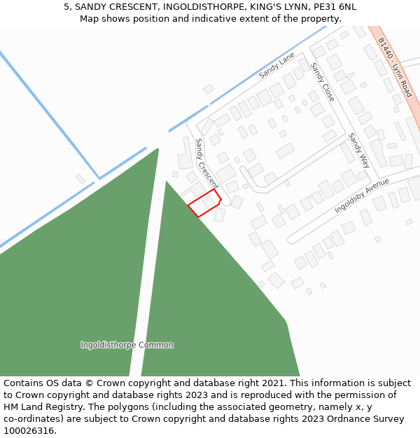 5, SANDY CRESCENT, INGOLDISTHORPE, KING'S LYNN, PE31 6NL: Location map and indicative extent of plot