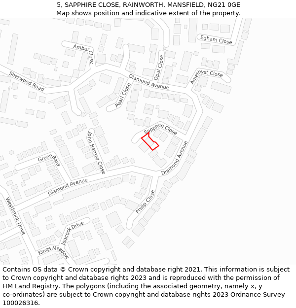 5, SAPPHIRE CLOSE, RAINWORTH, MANSFIELD, NG21 0GE: Location map and indicative extent of plot