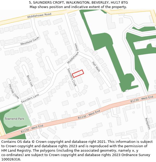 5, SAUNDERS CROFT, WALKINGTON, BEVERLEY, HU17 8TG: Location map and indicative extent of plot