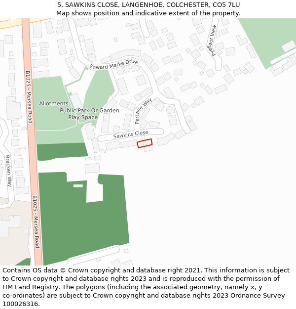 5, SAWKINS CLOSE, LANGENHOE, COLCHESTER, CO5 7LU: Location map and indicative extent of plot