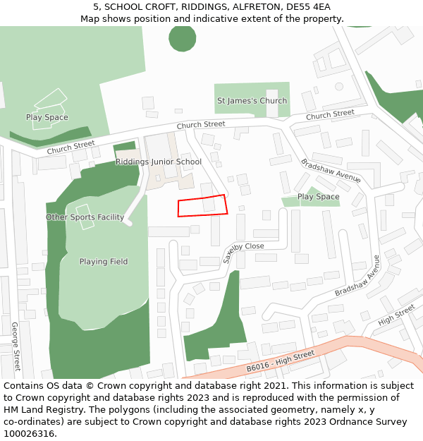 5, SCHOOL CROFT, RIDDINGS, ALFRETON, DE55 4EA: Location map and indicative extent of plot