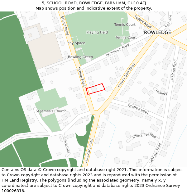 5, SCHOOL ROAD, ROWLEDGE, FARNHAM, GU10 4EJ: Location map and indicative extent of plot