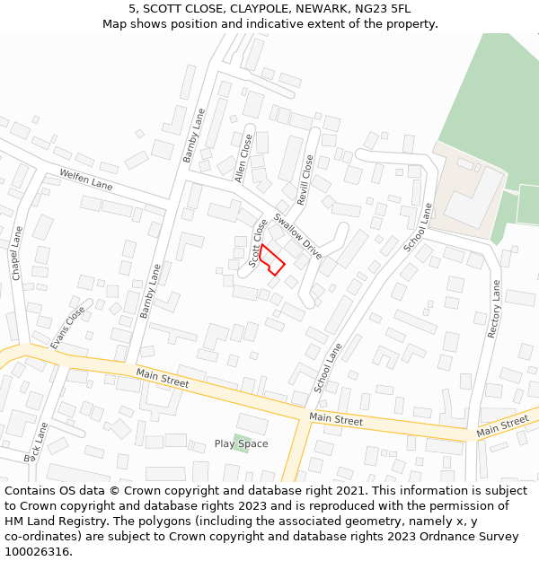 5, SCOTT CLOSE, CLAYPOLE, NEWARK, NG23 5FL: Location map and indicative extent of plot