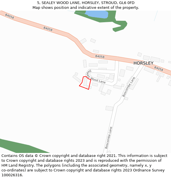 5, SEALEY WOOD LANE, HORSLEY, STROUD, GL6 0FD: Location map and indicative extent of plot