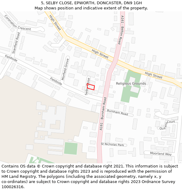 5, SELBY CLOSE, EPWORTH, DONCASTER, DN9 1GH: Location map and indicative extent of plot