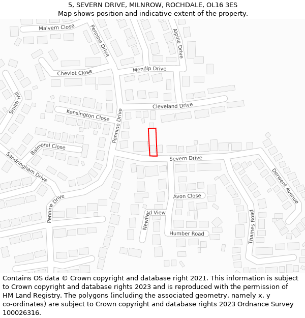 5, SEVERN DRIVE, MILNROW, ROCHDALE, OL16 3ES: Location map and indicative extent of plot