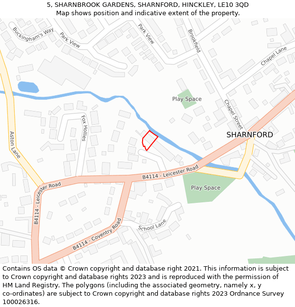 5, SHARNBROOK GARDENS, SHARNFORD, HINCKLEY, LE10 3QD: Location map and indicative extent of plot