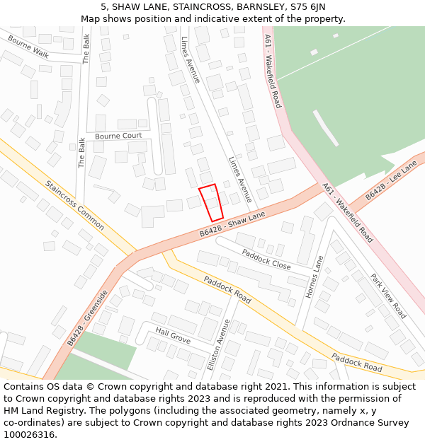 5, SHAW LANE, STAINCROSS, BARNSLEY, S75 6JN: Location map and indicative extent of plot