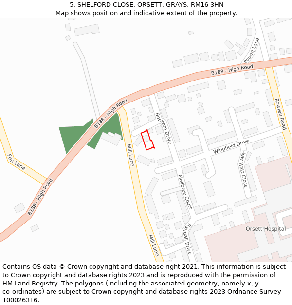 5, SHELFORD CLOSE, ORSETT, GRAYS, RM16 3HN: Location map and indicative extent of plot