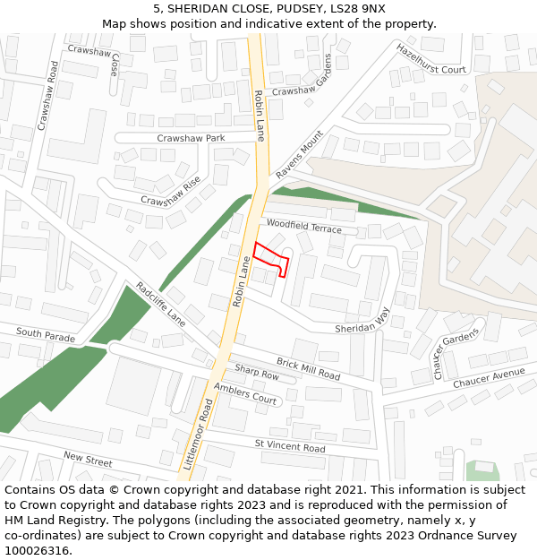 5, SHERIDAN CLOSE, PUDSEY, LS28 9NX: Location map and indicative extent of plot