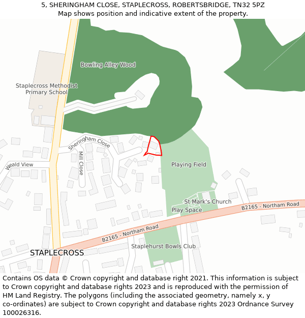 5, SHERINGHAM CLOSE, STAPLECROSS, ROBERTSBRIDGE, TN32 5PZ: Location map and indicative extent of plot