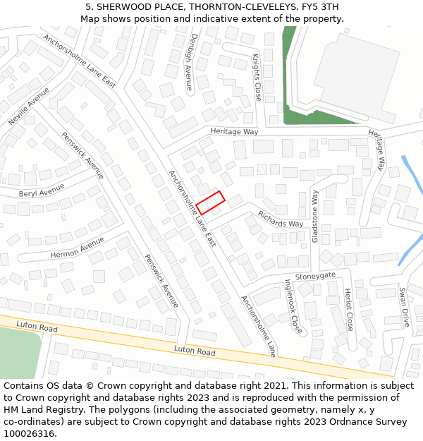 5, SHERWOOD PLACE, THORNTON-CLEVELEYS, FY5 3TH: Location map and indicative extent of plot