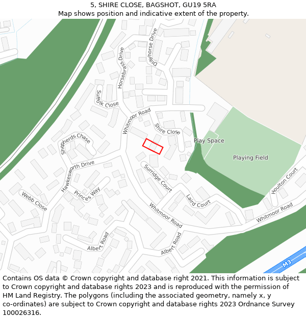 5, SHIRE CLOSE, BAGSHOT, GU19 5RA: Location map and indicative extent of plot