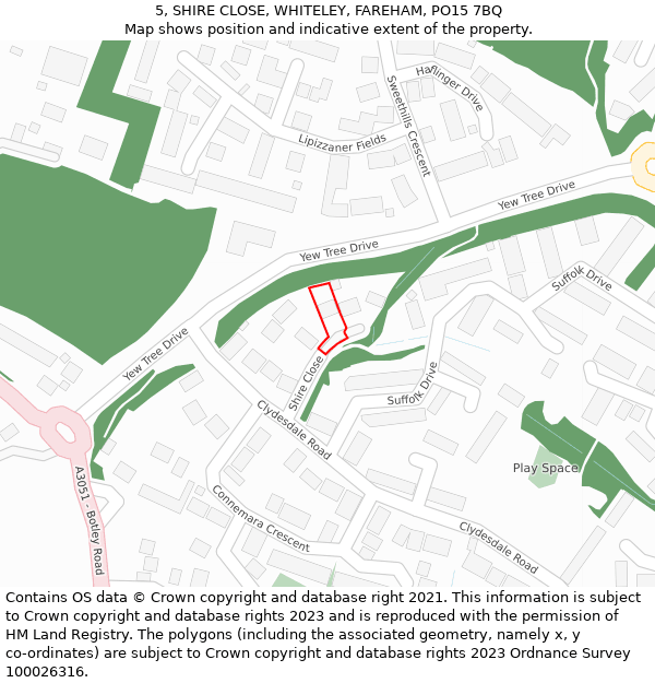 5, SHIRE CLOSE, WHITELEY, FAREHAM, PO15 7BQ: Location map and indicative extent of plot