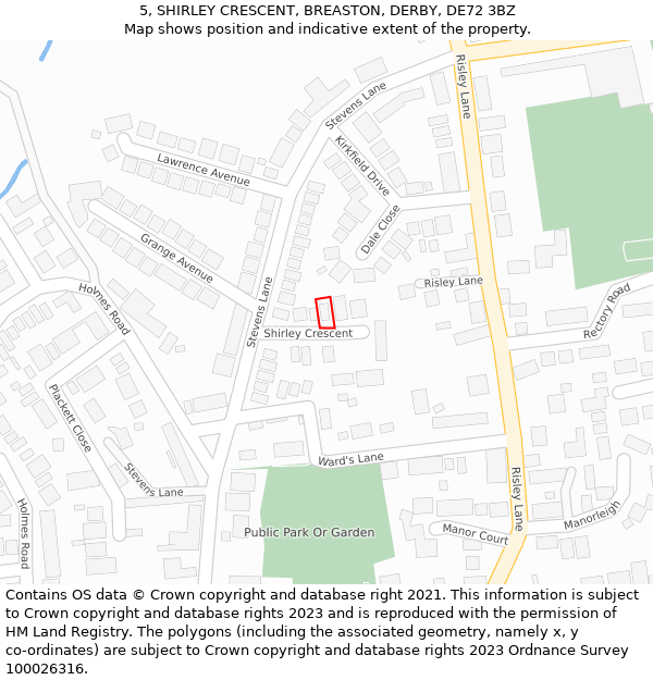 5, SHIRLEY CRESCENT, BREASTON, DERBY, DE72 3BZ: Location map and indicative extent of plot