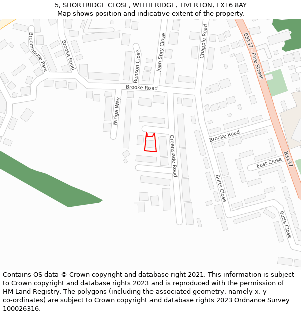 5, SHORTRIDGE CLOSE, WITHERIDGE, TIVERTON, EX16 8AY: Location map and indicative extent of plot