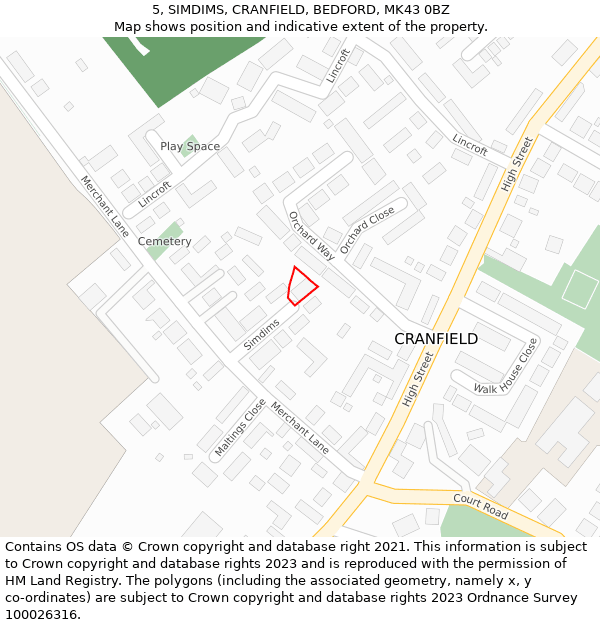 5, SIMDIMS, CRANFIELD, BEDFORD, MK43 0BZ: Location map and indicative extent of plot