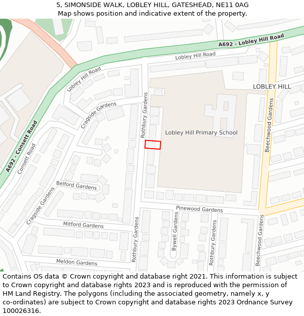 5, SIMONSIDE WALK, LOBLEY HILL, GATESHEAD, NE11 0AG: Location map and indicative extent of plot