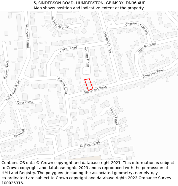 5, SINDERSON ROAD, HUMBERSTON, GRIMSBY, DN36 4UF: Location map and indicative extent of plot