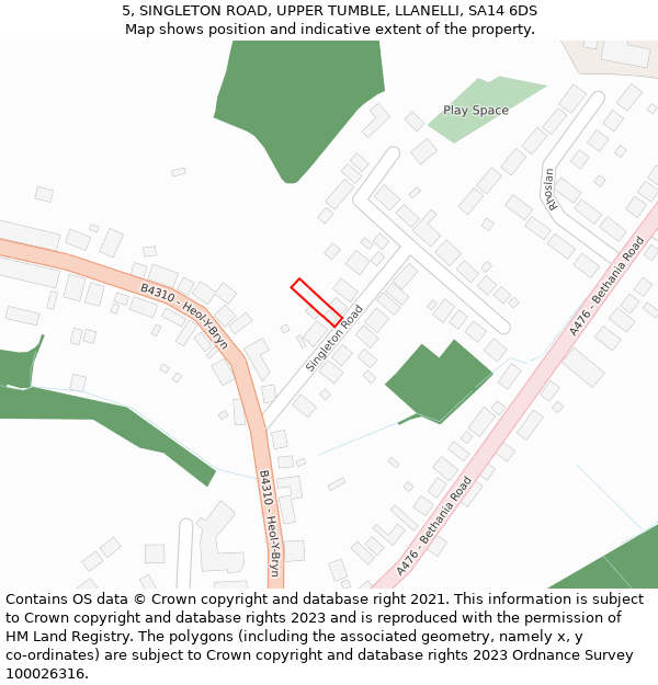 5, SINGLETON ROAD, UPPER TUMBLE, LLANELLI, SA14 6DS: Location map and indicative extent of plot