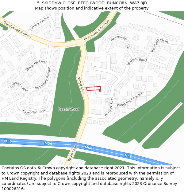 5, SKIDDAW CLOSE, BEECHWOOD, RUNCORN, WA7 3JD: Location map and indicative extent of plot