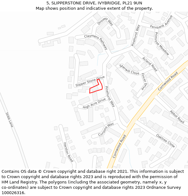 5, SLIPPERSTONE DRIVE, IVYBRIDGE, PL21 9UN: Location map and indicative extent of plot