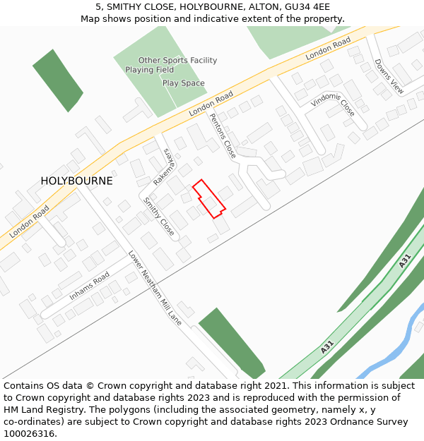 5, SMITHY CLOSE, HOLYBOURNE, ALTON, GU34 4EE: Location map and indicative extent of plot