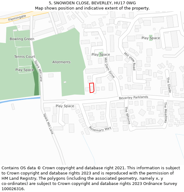 5, SNOWDEN CLOSE, BEVERLEY, HU17 0WG: Location map and indicative extent of plot