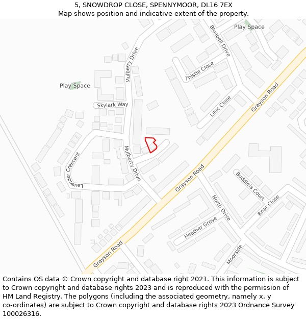 5, SNOWDROP CLOSE, SPENNYMOOR, DL16 7EX: Location map and indicative extent of plot