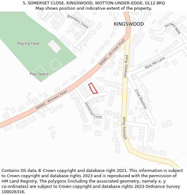 5, SOMERSET CLOSE, KINGSWOOD, WOTTON-UNDER-EDGE, GL12 8RQ: Location map and indicative extent of plot