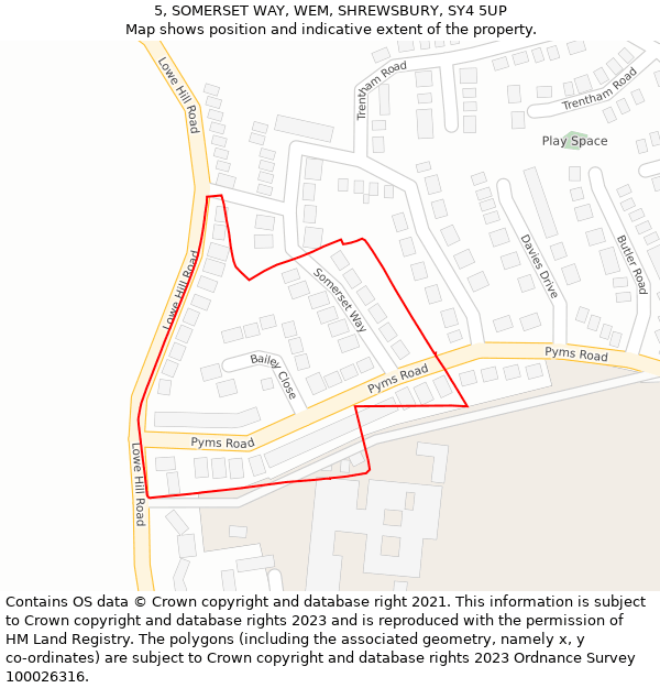 5, SOMERSET WAY, WEM, SHREWSBURY, SY4 5UP: Location map and indicative extent of plot