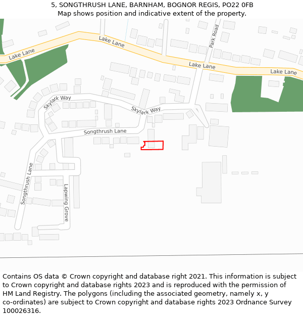 5, SONGTHRUSH LANE, BARNHAM, BOGNOR REGIS, PO22 0FB: Location map and indicative extent of plot