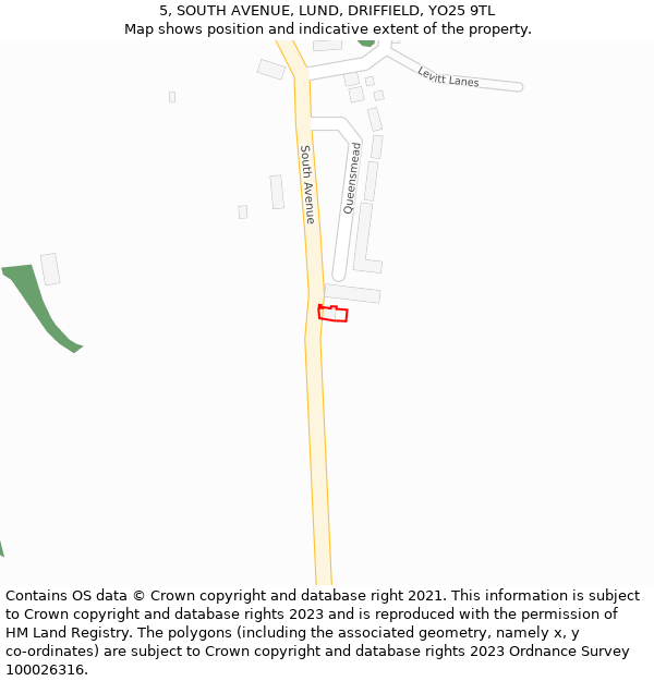 5, SOUTH AVENUE, LUND, DRIFFIELD, YO25 9TL: Location map and indicative extent of plot