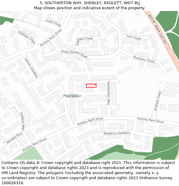 5, SOUTHERTON WAY, SHENLEY, RADLETT, WD7 9LJ: Location map and indicative extent of plot