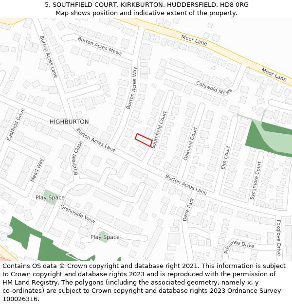 5, SOUTHFIELD COURT, KIRKBURTON, HUDDERSFIELD, HD8 0RG: Location map and indicative extent of plot