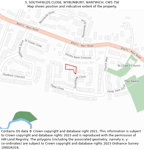 5, SOUTHFIELDS CLOSE, WYBUNBURY, NANTWICH, CW5 7SE: Location map and indicative extent of plot