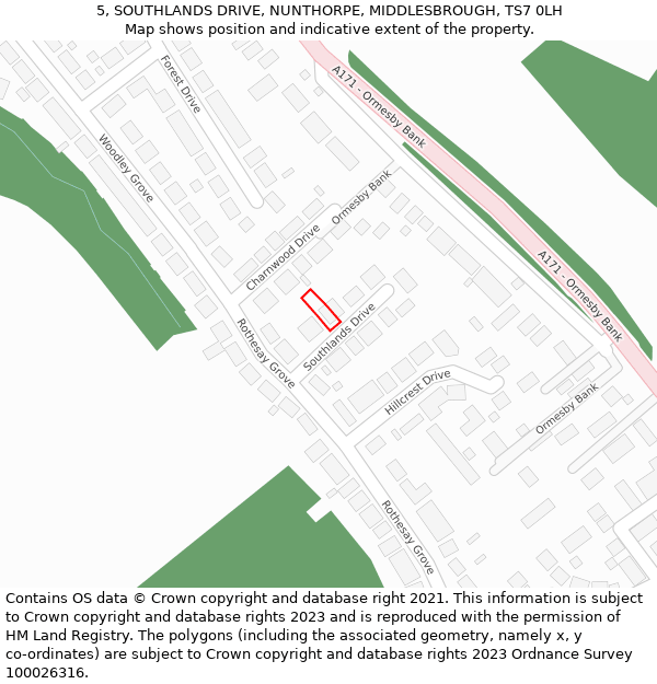 5, SOUTHLANDS DRIVE, NUNTHORPE, MIDDLESBROUGH, TS7 0LH: Location map and indicative extent of plot