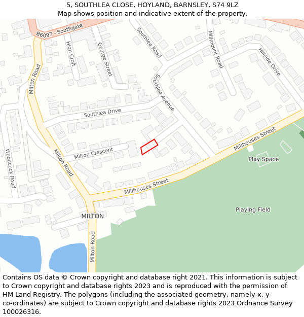 5, SOUTHLEA CLOSE, HOYLAND, BARNSLEY, S74 9LZ: Location map and indicative extent of plot