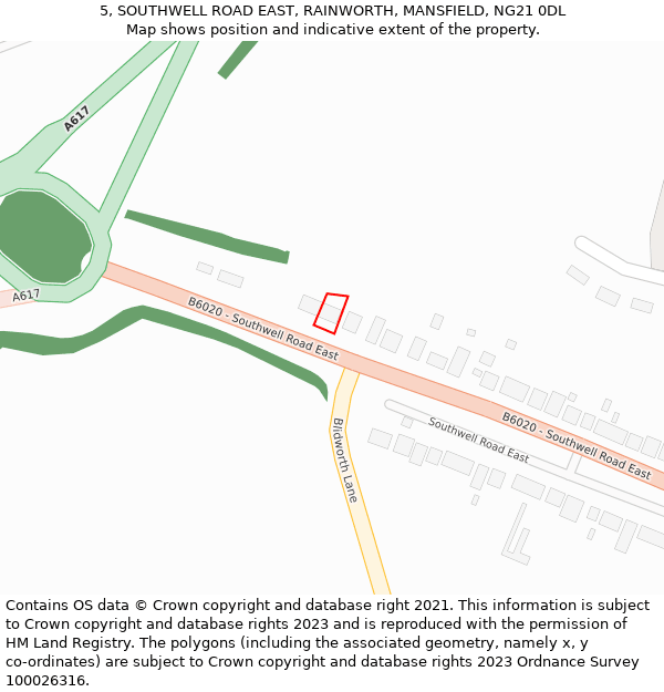 5, SOUTHWELL ROAD EAST, RAINWORTH, MANSFIELD, NG21 0DL: Location map and indicative extent of plot