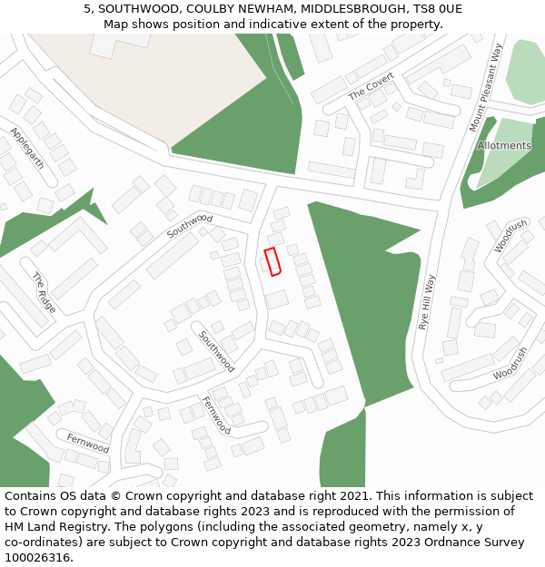 5, SOUTHWOOD, COULBY NEWHAM, MIDDLESBROUGH, TS8 0UE: Location map and indicative extent of plot