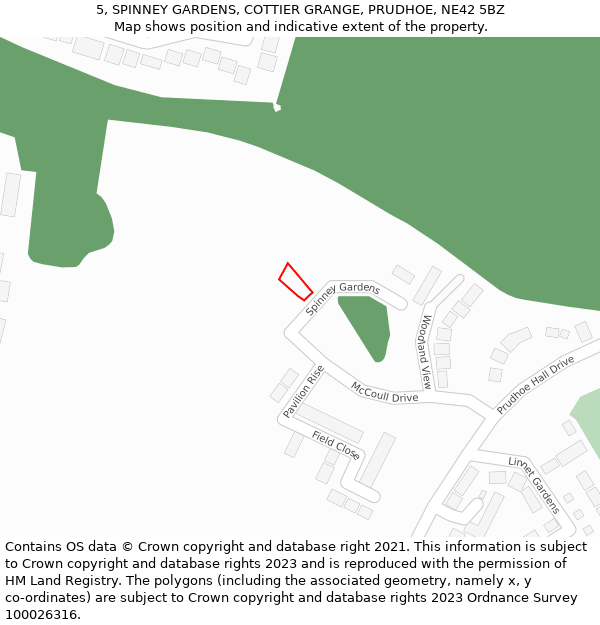 5, SPINNEY GARDENS, COTTIER GRANGE, PRUDHOE, NE42 5BZ: Location map and indicative extent of plot