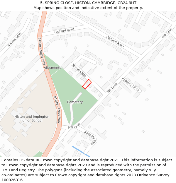 5, SPRING CLOSE, HISTON, CAMBRIDGE, CB24 9HT: Location map and indicative extent of plot