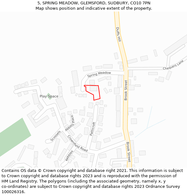 5, SPRING MEADOW, GLEMSFORD, SUDBURY, CO10 7PN: Location map and indicative extent of plot