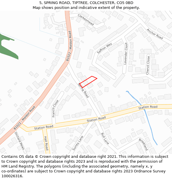 5, SPRING ROAD, TIPTREE, COLCHESTER, CO5 0BD: Location map and indicative extent of plot