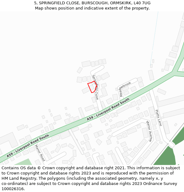 5, SPRINGFIELD CLOSE, BURSCOUGH, ORMSKIRK, L40 7UG: Location map and indicative extent of plot