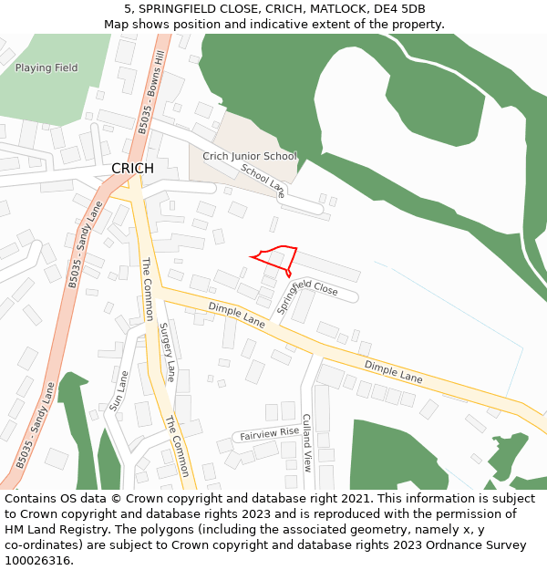 5, SPRINGFIELD CLOSE, CRICH, MATLOCK, DE4 5DB: Location map and indicative extent of plot