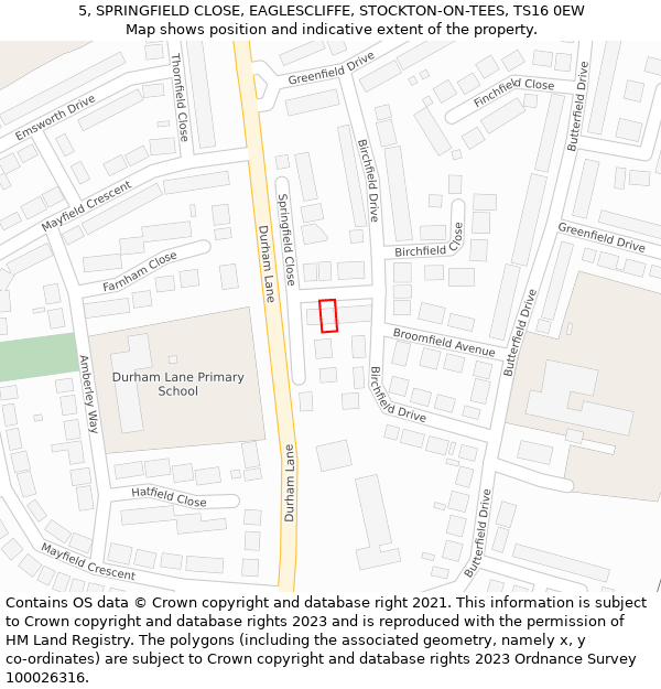 5, SPRINGFIELD CLOSE, EAGLESCLIFFE, STOCKTON-ON-TEES, TS16 0EW: Location map and indicative extent of plot