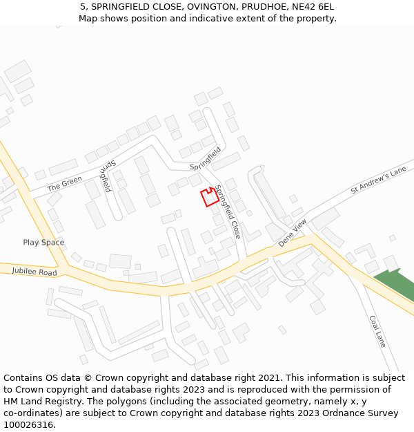 5, SPRINGFIELD CLOSE, OVINGTON, PRUDHOE, NE42 6EL: Location map and indicative extent of plot