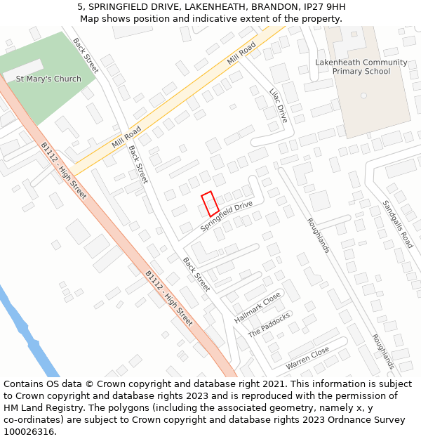5, SPRINGFIELD DRIVE, LAKENHEATH, BRANDON, IP27 9HH: Location map and indicative extent of plot
