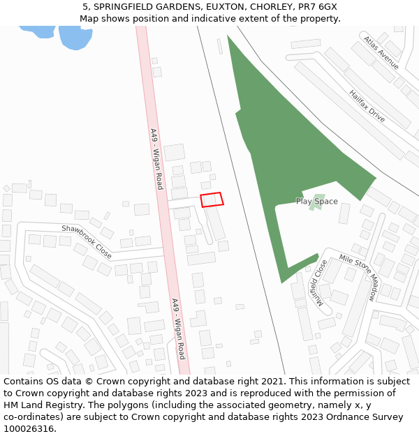 5, SPRINGFIELD GARDENS, EUXTON, CHORLEY, PR7 6GX: Location map and indicative extent of plot